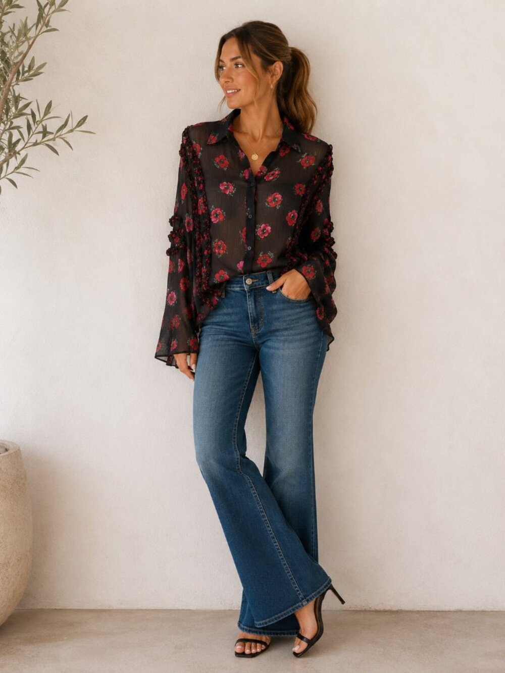 The Kooples black red floral print silk button down blouse
